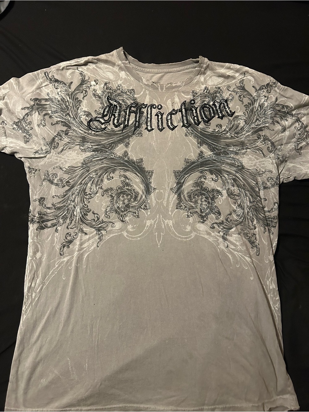Affliction Gray Crew Neck Tee with Ornate Black Scroll Graphic